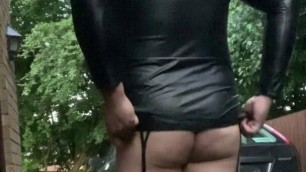 Crossdresser Kelly wank strip driveway stockings pvc dress